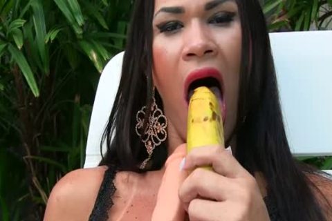 sheboy Masturbates With A Banana And A gigantic fake penis