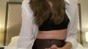 slim brunette hair American ladyman In black pantyhose Strokes Her large ramrod
