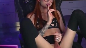 Redhead Skinny Russian Tattooed lady-man In Glasses Strokes Her Girly dick On web camera